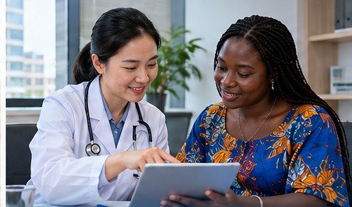 Médecin chinois accompagnant un patient à la peau noire dans un contexte médical