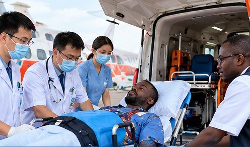 Médecin chinois accompagnant un patient à la peau noire dans un contexte médical
